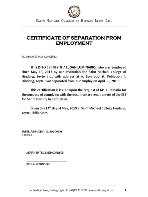 sss certificate of separation.